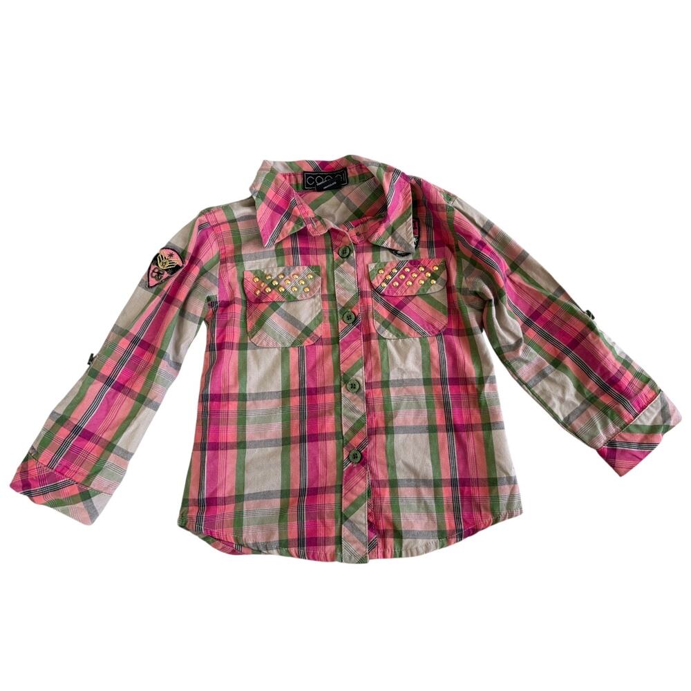 Coogi Toddler 2T Plaid Shirt Pink Green Studded Y2K  Patch Grunge Western Punk